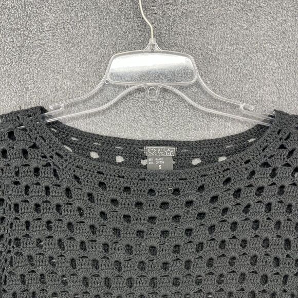 Crochet Sweater Womens Small Black Fringe Boho Open Knit Long Sleeve Ramie Blend - Picture 3 of 15